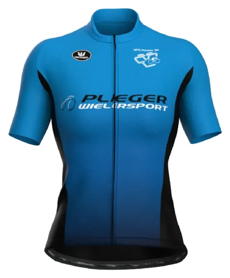 Clubshirt met korte mouwen, voorkant: cyaan dat naar onderen overloopt in donkerblauw, zwarte zijpanelen, Plieger Wielersport op de borst en het clublogo