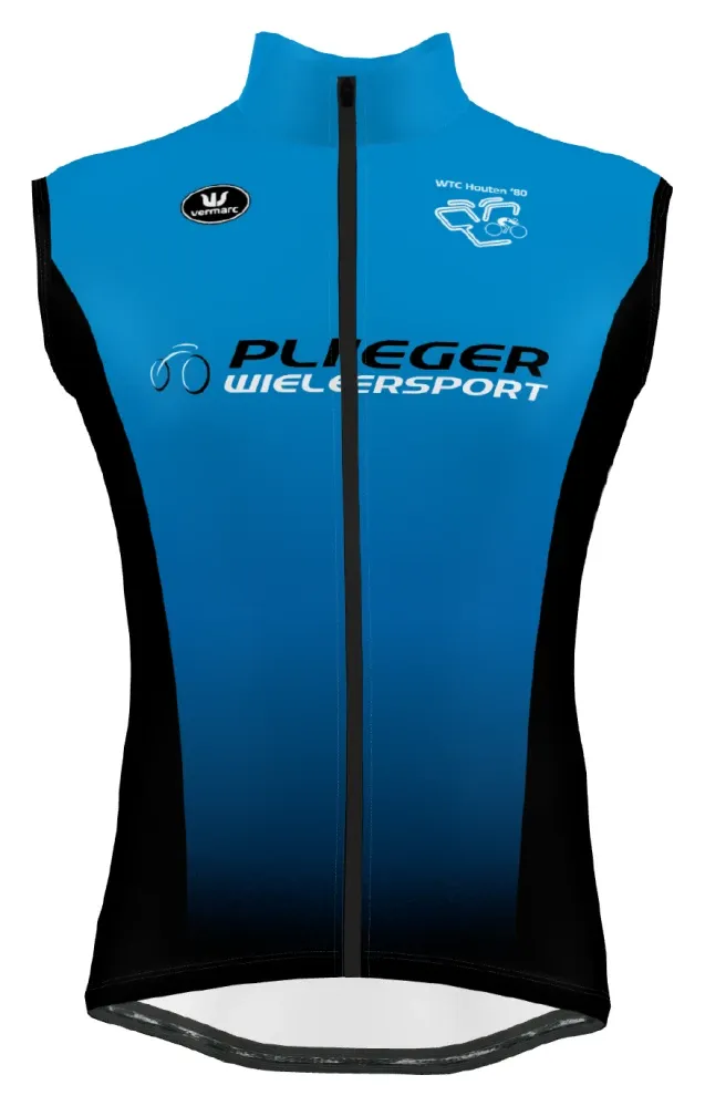 Mouwloze windstopper met hoge kraag, voorkant: cyaan dat naar onderen overloopt in donkerblauw, zwarte zijpanelen, Plieger Wielersport op de borst en het clublogo
